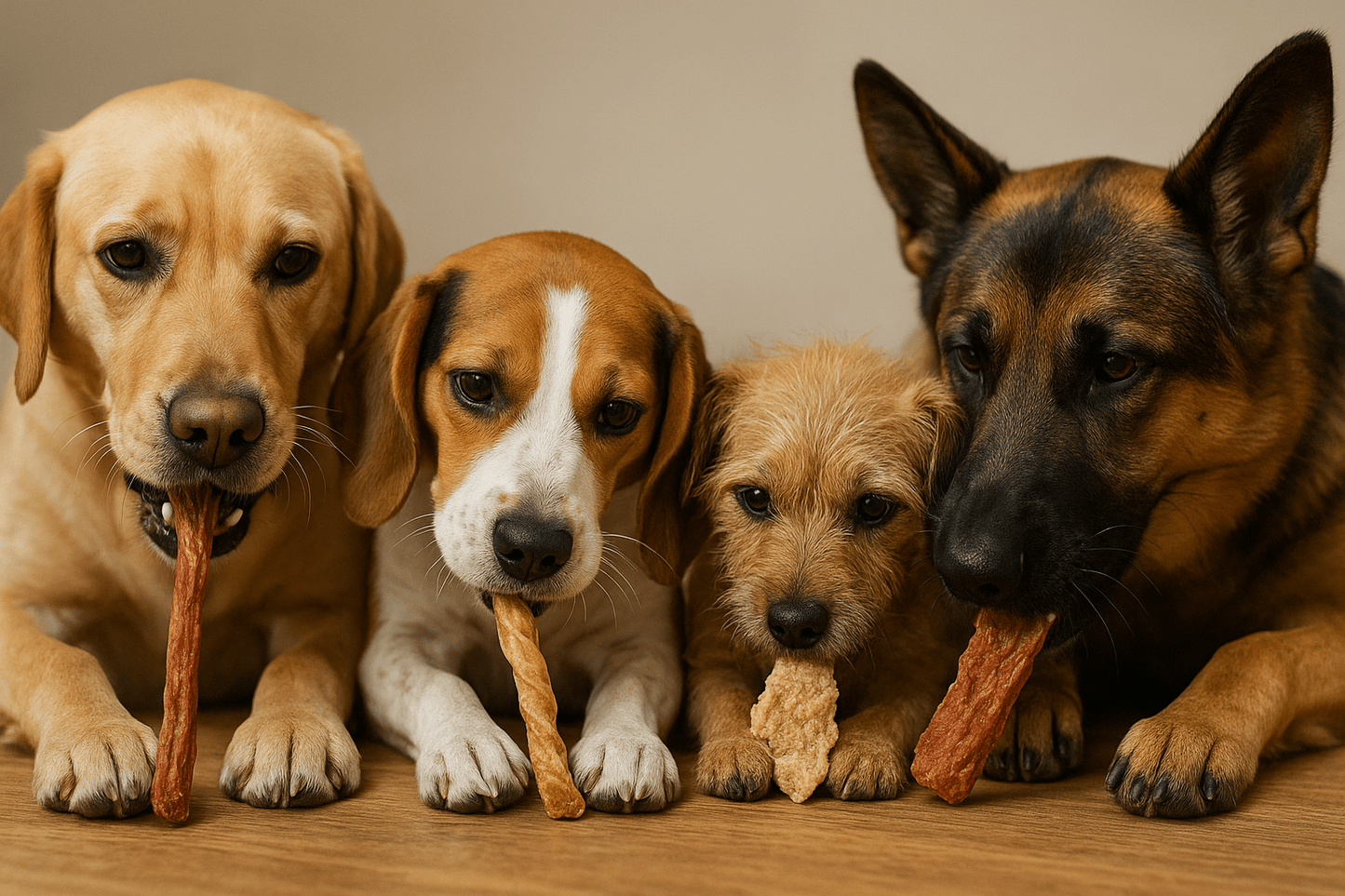 Four dogs of different breeds lying on wooden floor chewing on dog treats