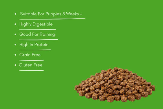 Natural 100% rabbit training dog treats, grain free, high protein, on green background