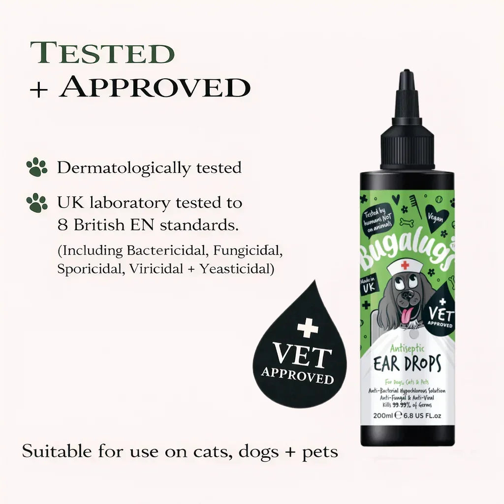 Bugalugs antiseptic ear drops for dogs, cats, pets; vet approved, dermatologically tested bottle.