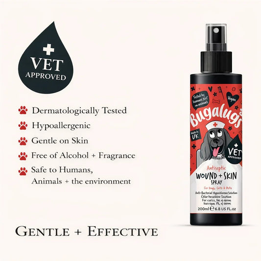 Bugalugs antiseptic wound skin spray for dogs, cats and pets, vet approved, hypoallergenic bottle.