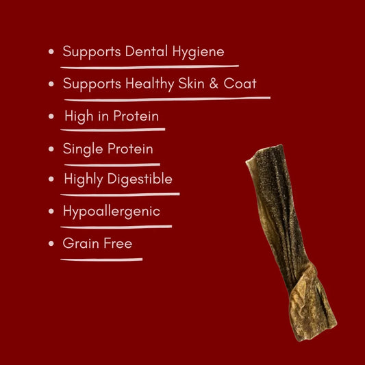 Natural beef tripe dog treat with health benefits list on red background, House Of PDB