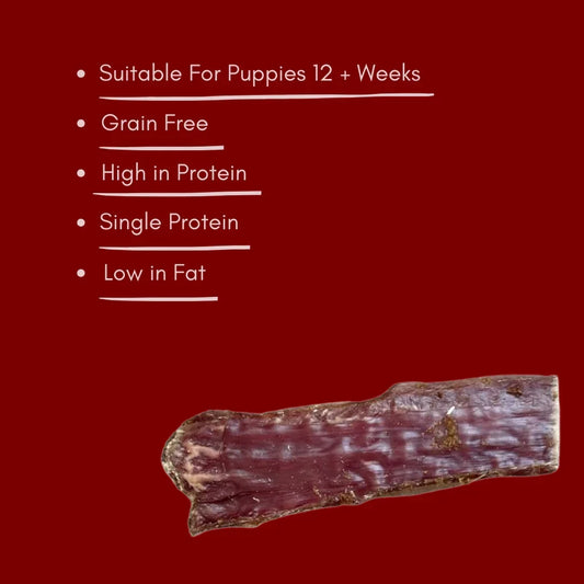 Beef gullet dog treat on red background with key benefits listed, House Of PDB natural pet treat