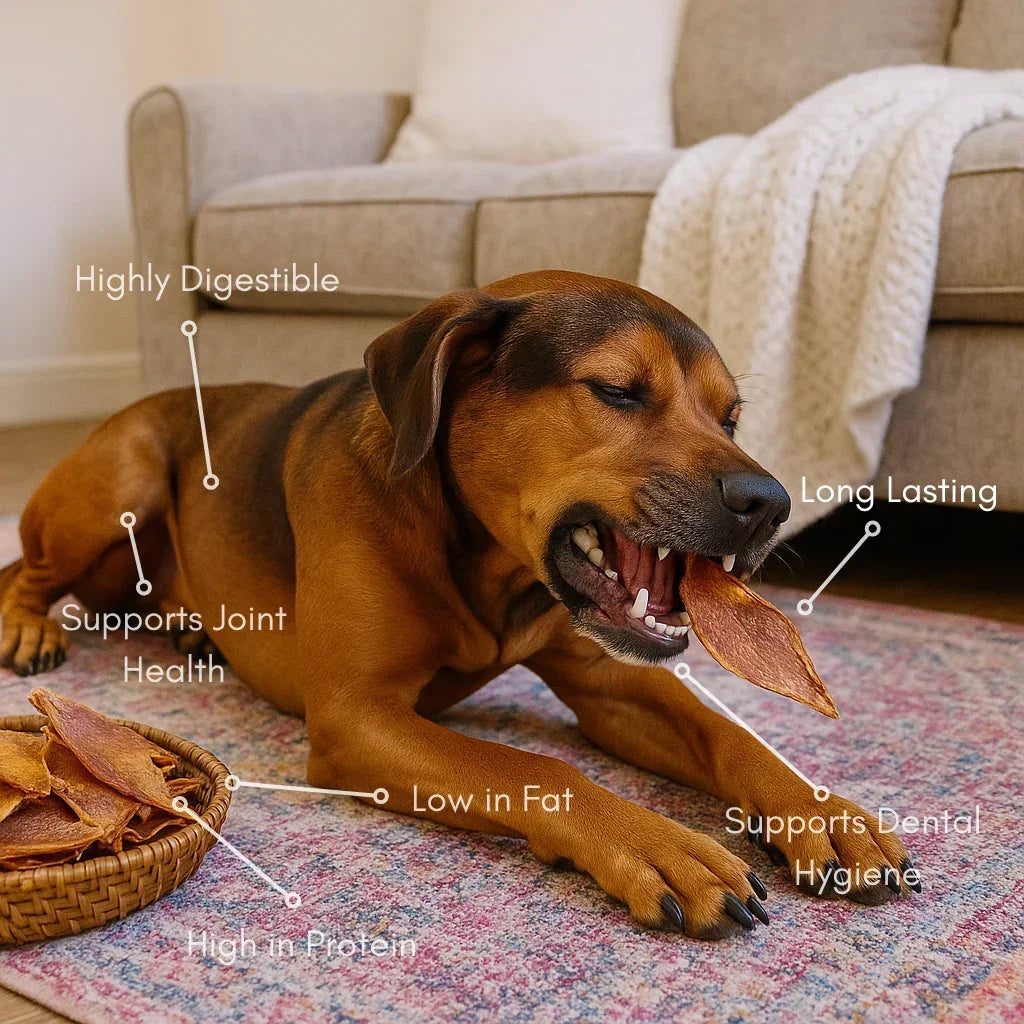 Dog chewing natural beef moon bone treat on rug near basket, highlighting digestibility and joint health.