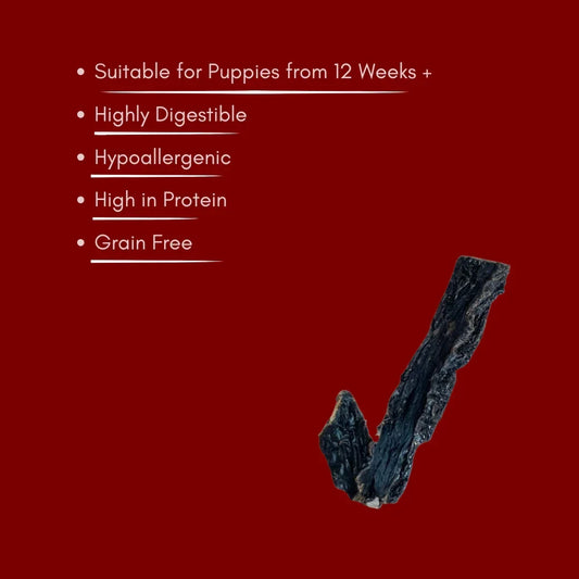 Beef liver dog treat with benefits listed, on red background, House Of PDB natural pet treats