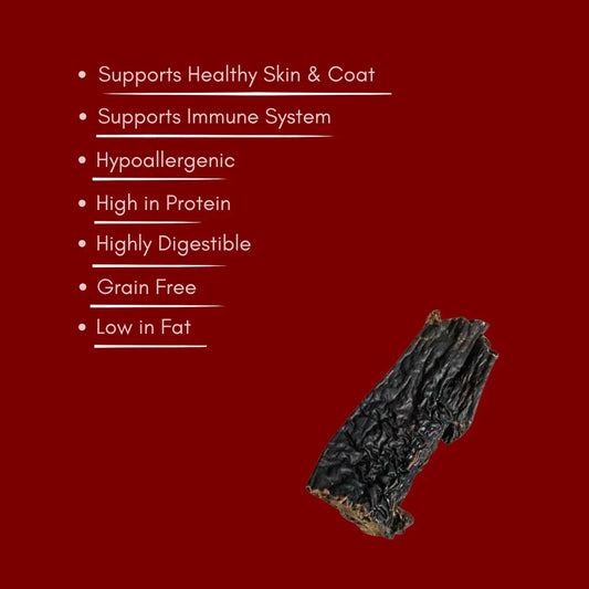 Buffalo liver dog treat on red background with health benefits listed, House Of PDB natural pet treats