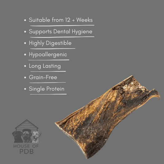 Camel skin dog chew on gray background with benefits list and House of PDB logo