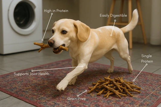 Labrador dog chewing high-protein, grain-free chicken feet treats on rug indoors