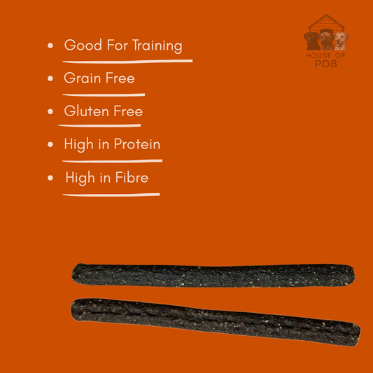 Chicken meaty sticks dog treats on a colour coded background with the list of benefits of the product