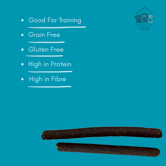 Duck meaty sticks natural dog treat with a list of the health benefits with the house of pdb logo