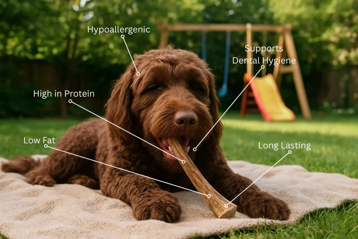 Brown dog chewing natural fallow antler dog treat on blanket outside, labeled hypoallergenic, high protein, low fat, supports dental hygiene, long lasting.
