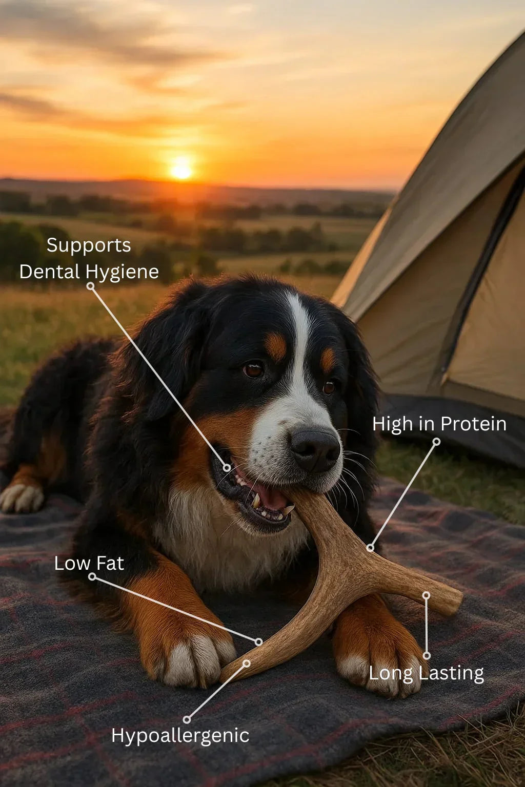 Bernese Mountain Dog chewing a natural fallow antler dog treat on a blanket outdoors at sunset, highlighting benefits like dental hygiene, high protein, low fat, hypoallergenic, and long lasting from House Of PDB.