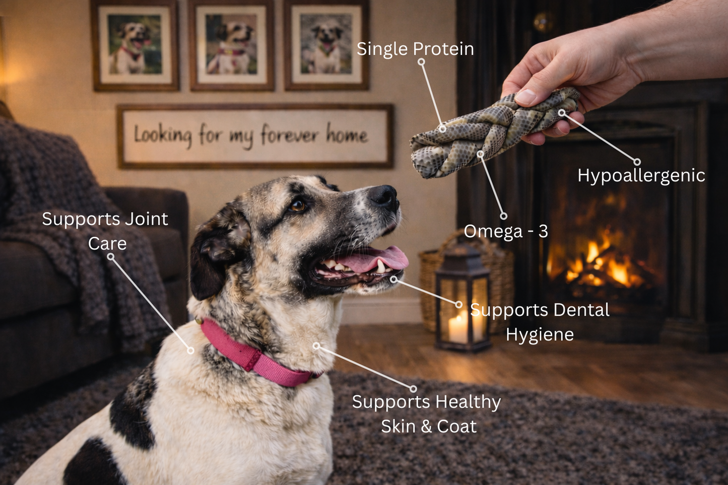 Dog with a natural cod fish skin braid dog chew treat, labelled for benefits, in a home setting with a fireplace.
