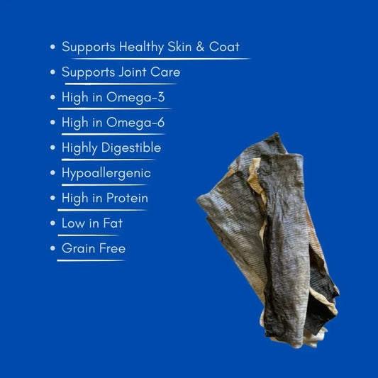 Natural fish skin dog treats on blue background with health benefits listed, House Of PDB