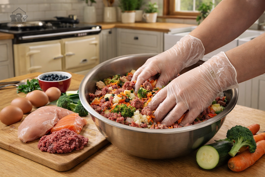 Person preparing raw dog food whilst wearing the clear vinyl gloves