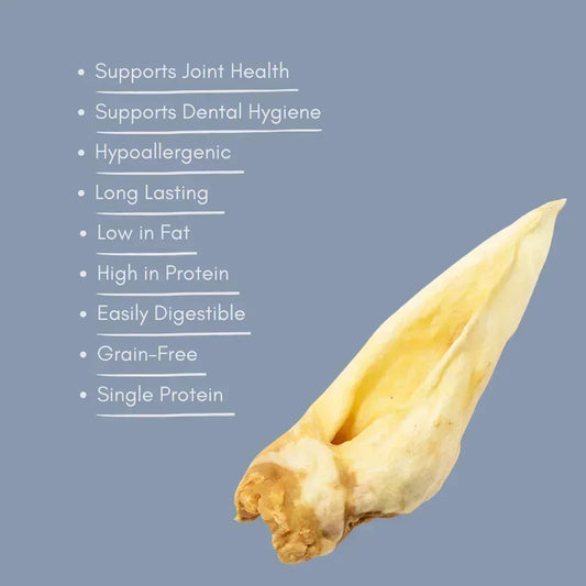 Natural goat ear dog treat on gray background with benefits listed, House Of PDB pet product