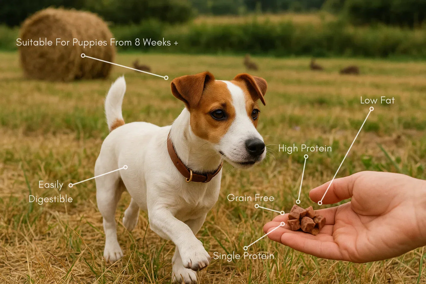 Small dog outdoors reaching for House Of PDB natural dog treats, labeled high protein, low fat, grain free, single protein, and suitable for puppies from 8 weeks.