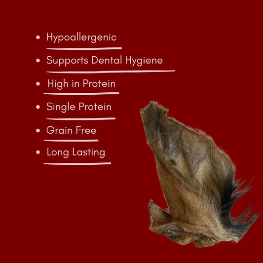 Natural hairy cow ear dog treat with benefits listed on a red background at House Of PDB