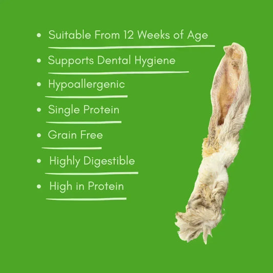 Natural hairy rabbit ear dog treat with benefits listed on green background, House Of PDB