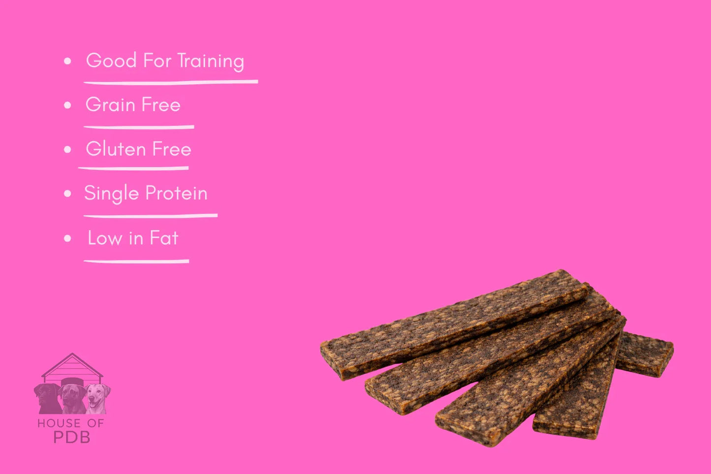 Dog treat bars on a pink background with text highlighting benefits