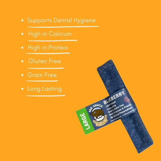 Large blueberry yak dog chew on orange background with dental and nutrition benefits listed.