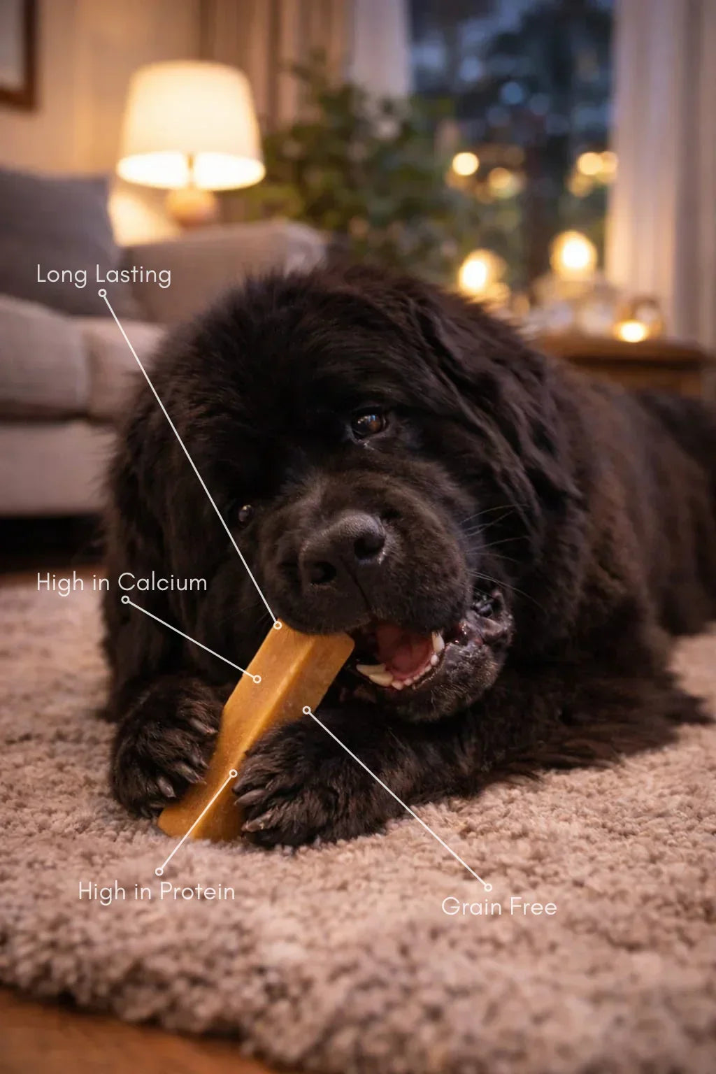 Large black dog enjoying a natural peanut butter yak chew treat on a cozy living room rug, with callouts highlighting benefits: long lasting, high in calcium, high in protein, and grain free.