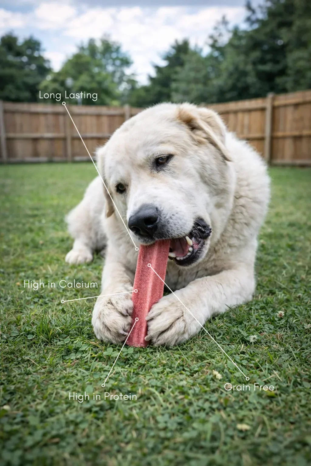 Large dog chewing a red natural dog treat in grassy yard, labeled long lasting, high in calcium, high in protein, grain free.