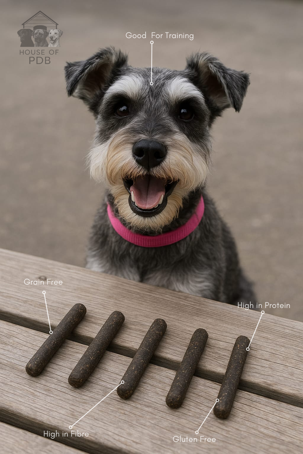 Dog with liver meaty sticks dog treats on a wooden surface, labeled for nutritional information.