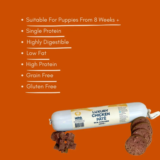 Luxury chicken pâté dog treat roll with sliced pieces, grain free, for House Of PDB pets