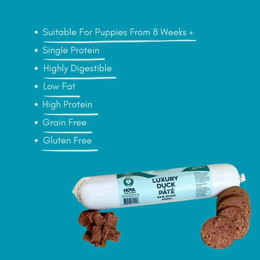 Luxury duck pâté dog treat roll with sliced and cubed pieces, grain and gluten free, House Of PDB