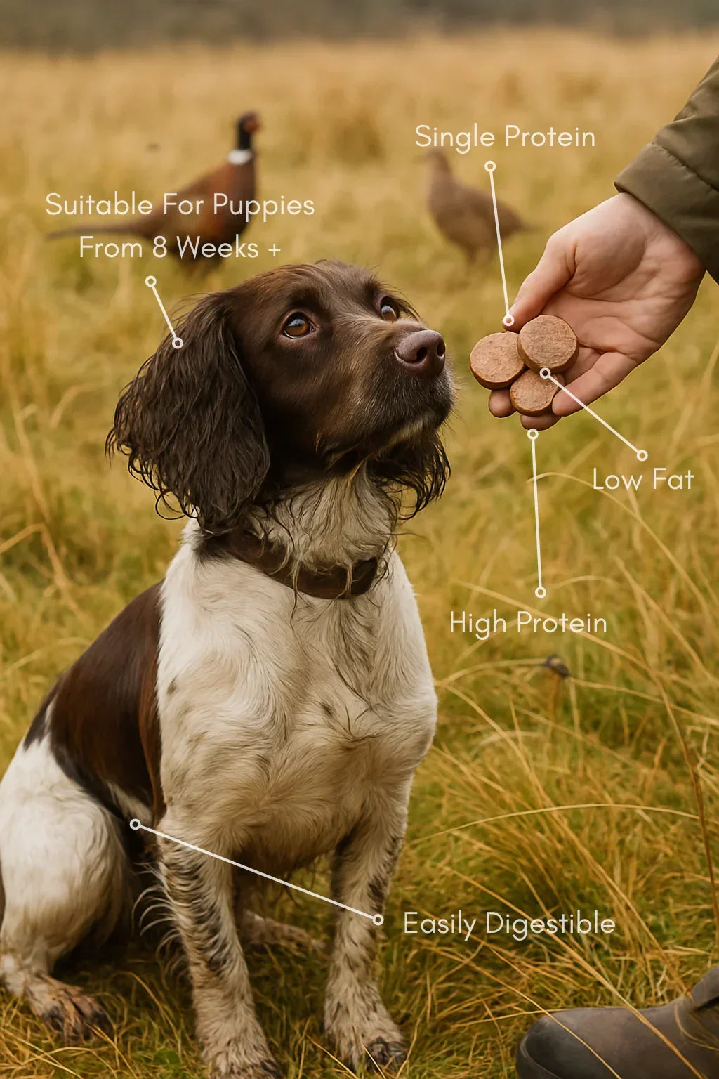 Brown and white dog outdoors looking at hand holding natural dog treats, with features like high protein, low fat, single protein, and suitable for puppies from 8 weeks, House Of PDB.