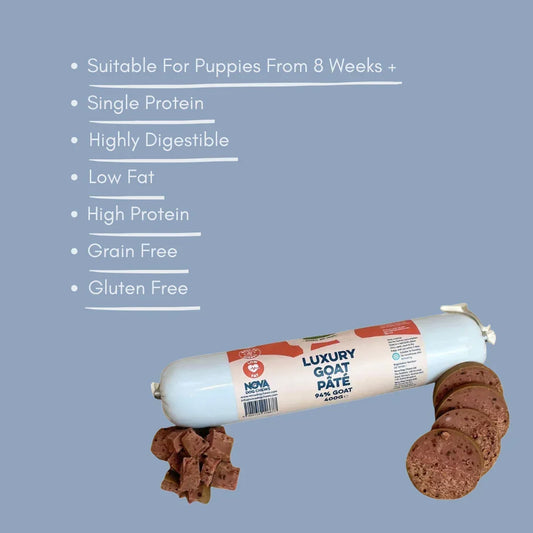 Luxury goat pâté dog treat roll with sliced pieces, grain free, high protein, House Of PDB.