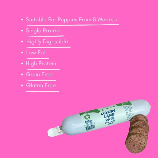Luxury Lamb Pate dog treat for puppies, single protein, grain free, on pink background