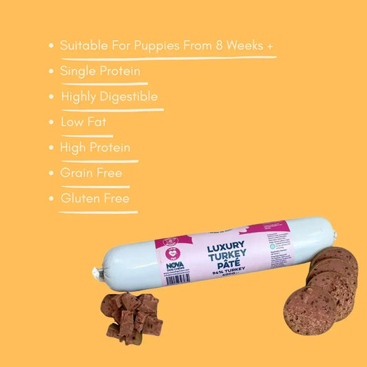 Luxury turkey pâté for dogs and puppies, sliced and cubed, grain free, natural ingredients.