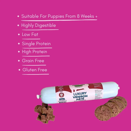 Luxury venison pate for dogs, sliced and cubed, features and benefits on a pink background.