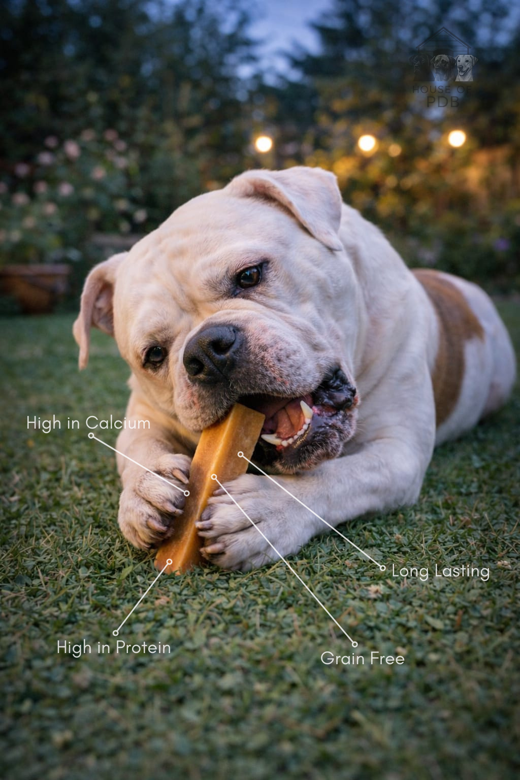 Dog chewing on a medium apple yak dog chew in a garden setting with text highlighting nutritional benefits.