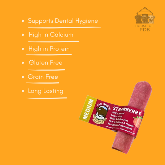 Medium Strawberry yak dog chew on an orange background, featuring product benefits.