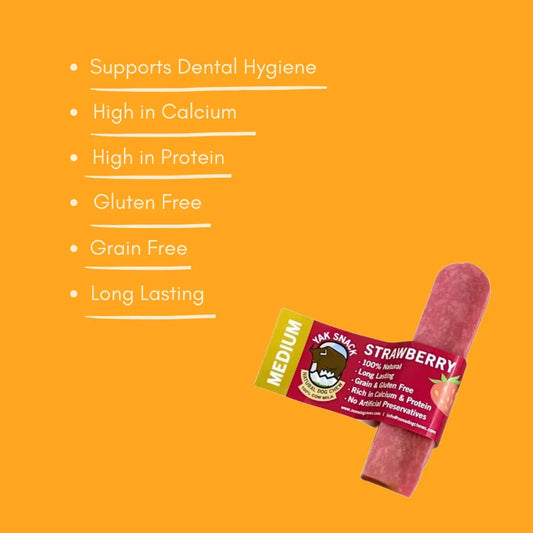 Medium strawberry yak dog chew snack with benefits list on orange background, House Of PDB
