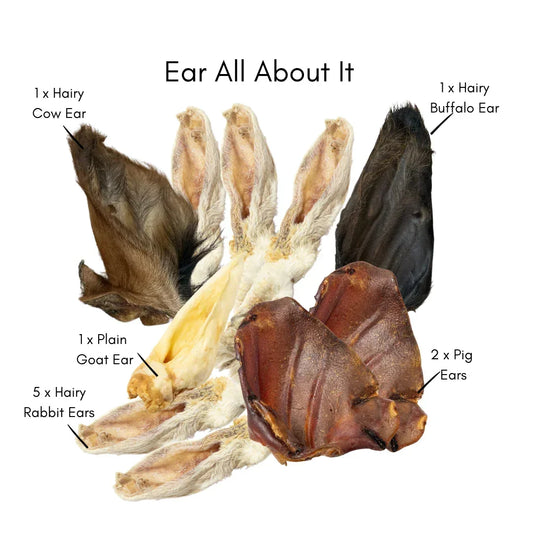 Natural dog treat variety box with hairy cow ear, buffalo ear, goat ear, pig ears, and rabbit ears