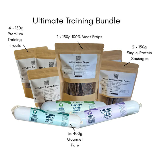 Ultimate Training Bundle with natural dog treats, meat strips, sausages, and gourmet pâté from House Of PDB