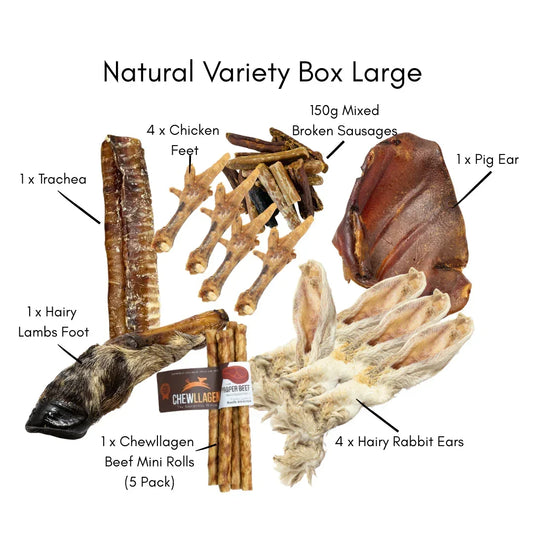 House Of PDB Natural Variety Box Large with trachea, lambs foot, pig ear, chicken feet, sausages, beef rolls, hairy rabbit ears.