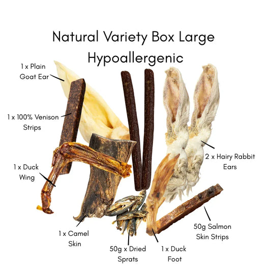 Natural Variety Box Large Hypoallergenic with assorted natural dog treats including goat ear, venison strips, duck wing, camel skin, dried sprats, duck foot, salmon skin strips, and hairy rabbit ears from House Of PDB.