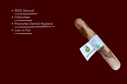 Olive branch natural dog chew on burgundy background with pet treat benefits listed.