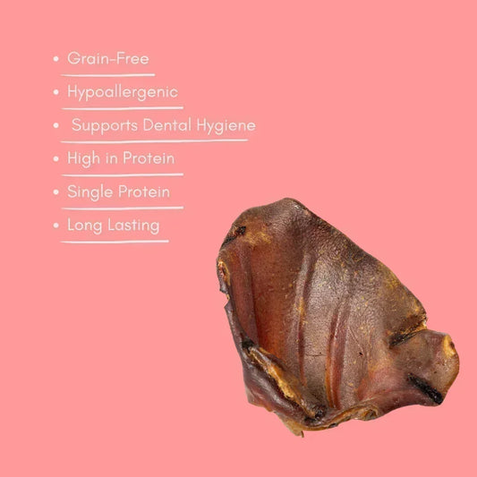 Natural pig ear dog treat with benefits listed on pink background, House Of PDB pet snacks