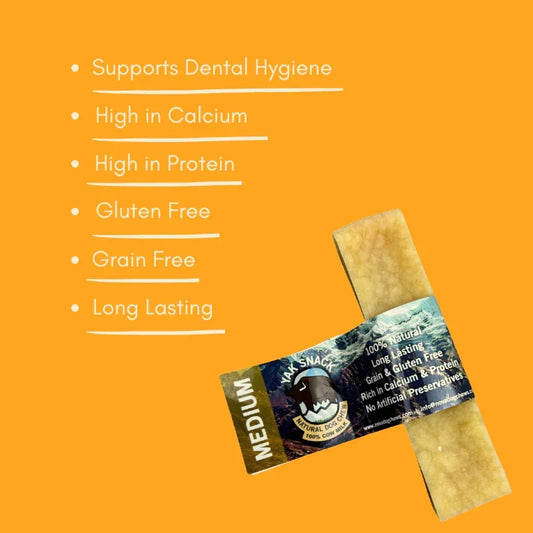 Medium size yak snack natural dog chew on orange background with key benefits listed, House Of PDB pet treat