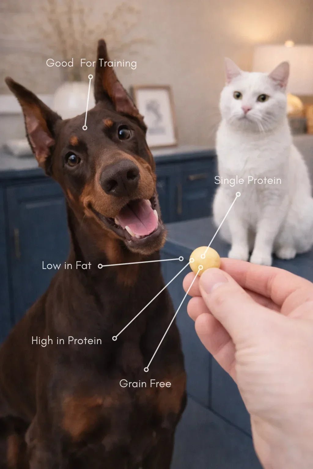 Person holding natural quail yolk dog and cat treat, Doberman and white cat looking eager.