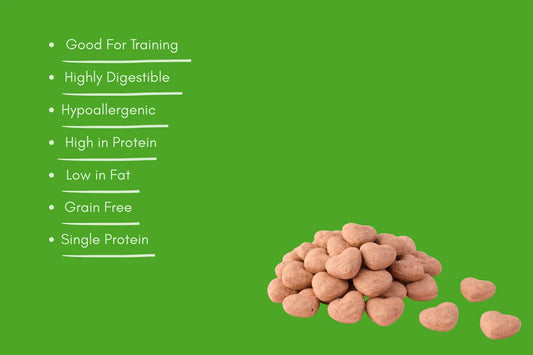 Heart-shaped natural pet treats on green background with benefits listed, House Of PDB
