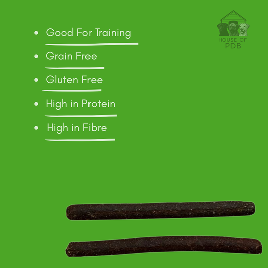 Green background with text listing benefits and meaty rabbit sticks dog treats