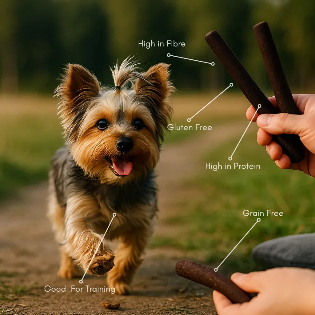 Small dog outdoors with House Of PDB natural rabbit meaty sticks, labeled grain free, gluten free, high in fibre and protein.