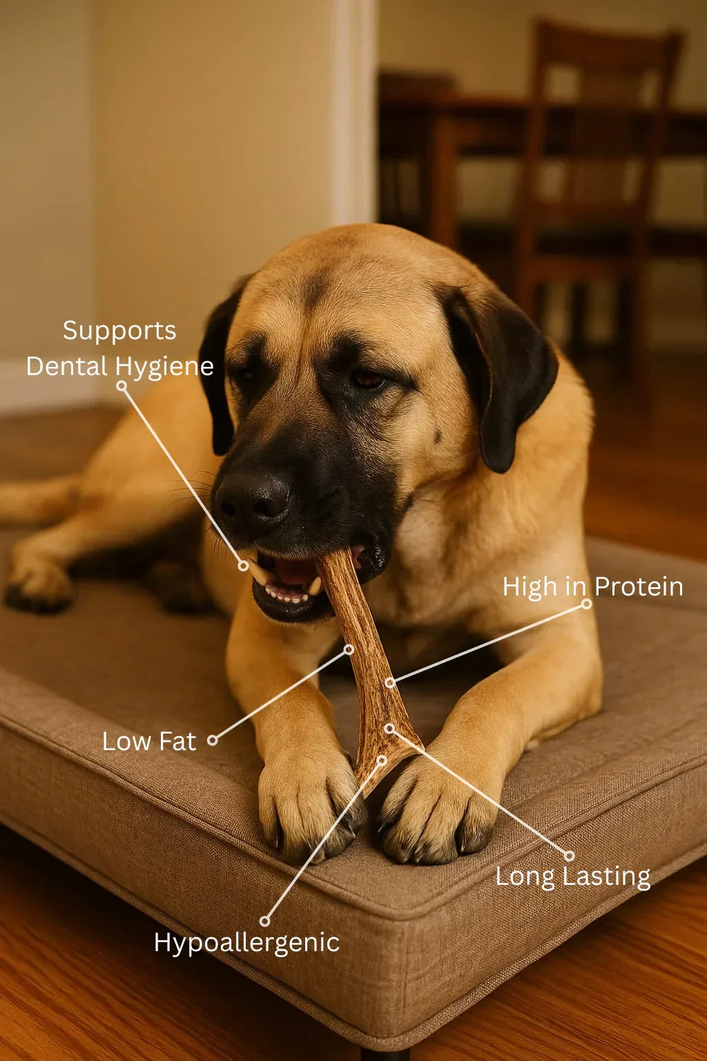 Large dog chewing natural antler dog treat indoors, labeled as hypoallergenic, long lasting, and high protein.