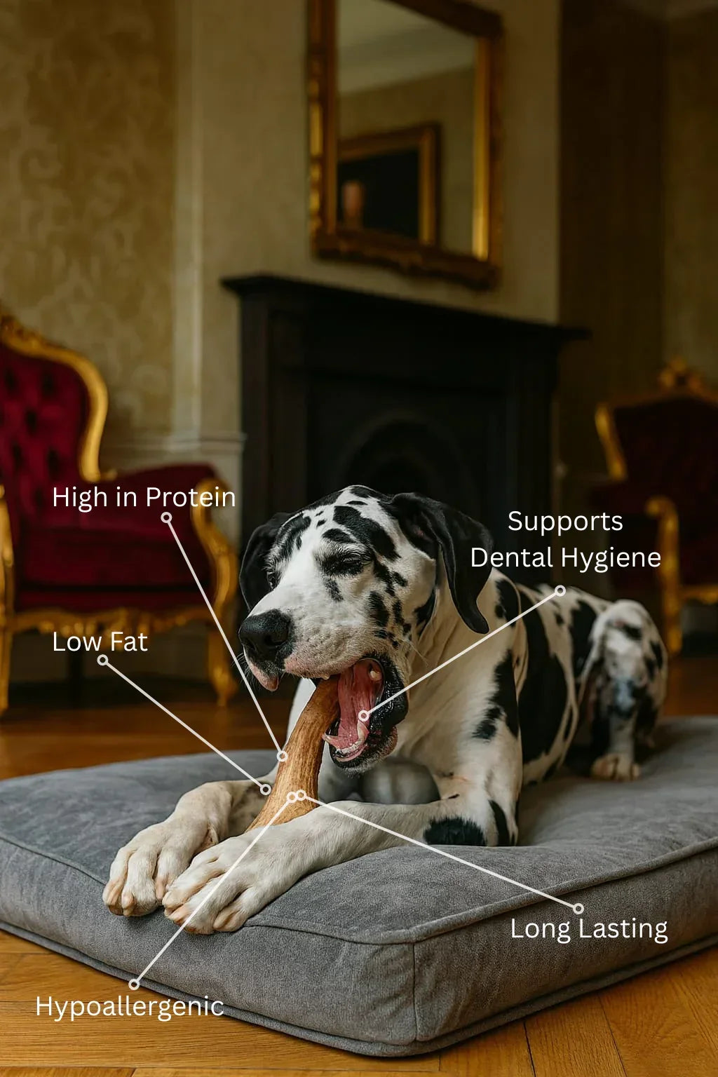 Dalmatian dog chewing natural antler dog treat on cushion, with benefits listed: high in protein, low fat, supports dental hygiene, long lasting, hypoallergenic.